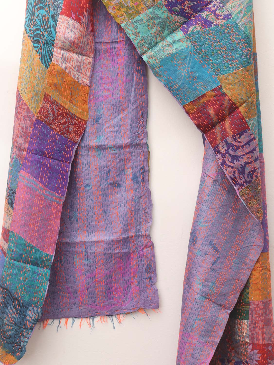 Multicolor Hand Embroidered Kantha Pure Silk Reversible Stole - Luxurion World