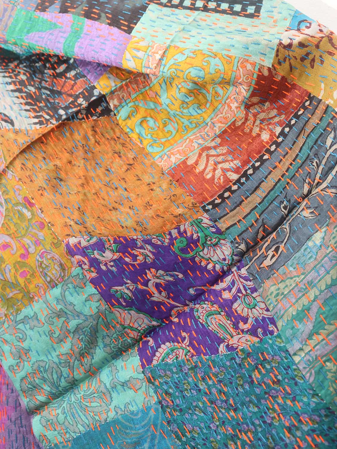 Multicolor Hand Embroidered Kantha Pure Silk Reversible Stole - Luxurion World