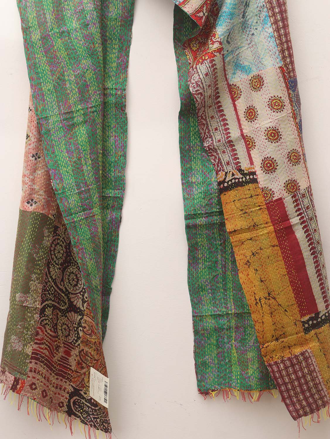 Multicolor Hand Embroidered Kantha Pure Silk Reversible Stole - Luxurion World