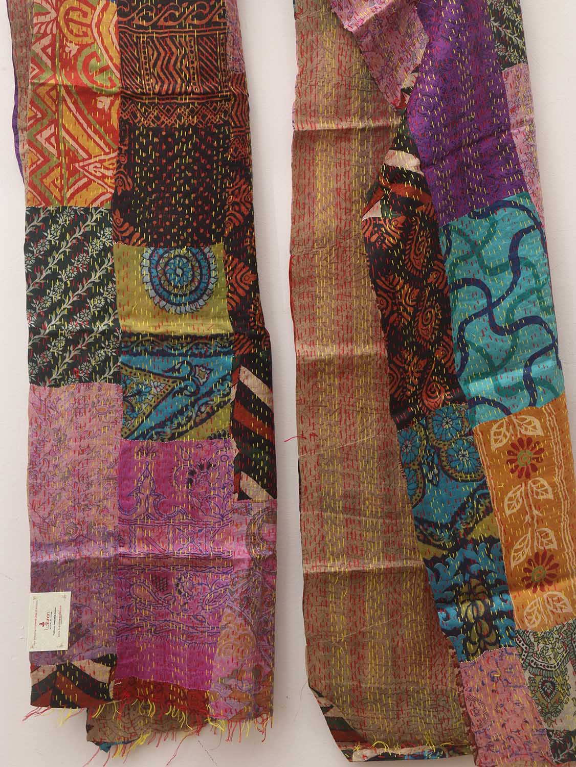 Multicolor Hand Embroidered Kantha Pure Silk Reversible Stole - Luxurion World