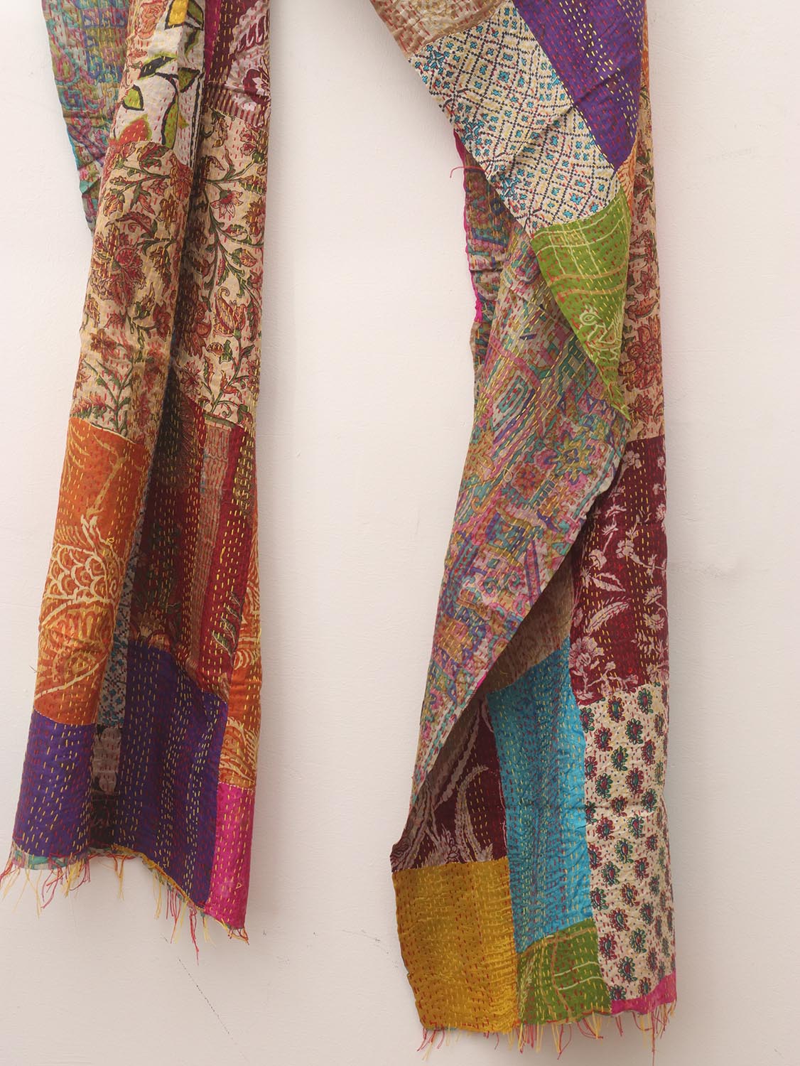 Multicolor Hand Embroidered Kantha Pure Silk Reversible Stole - Luxurion World