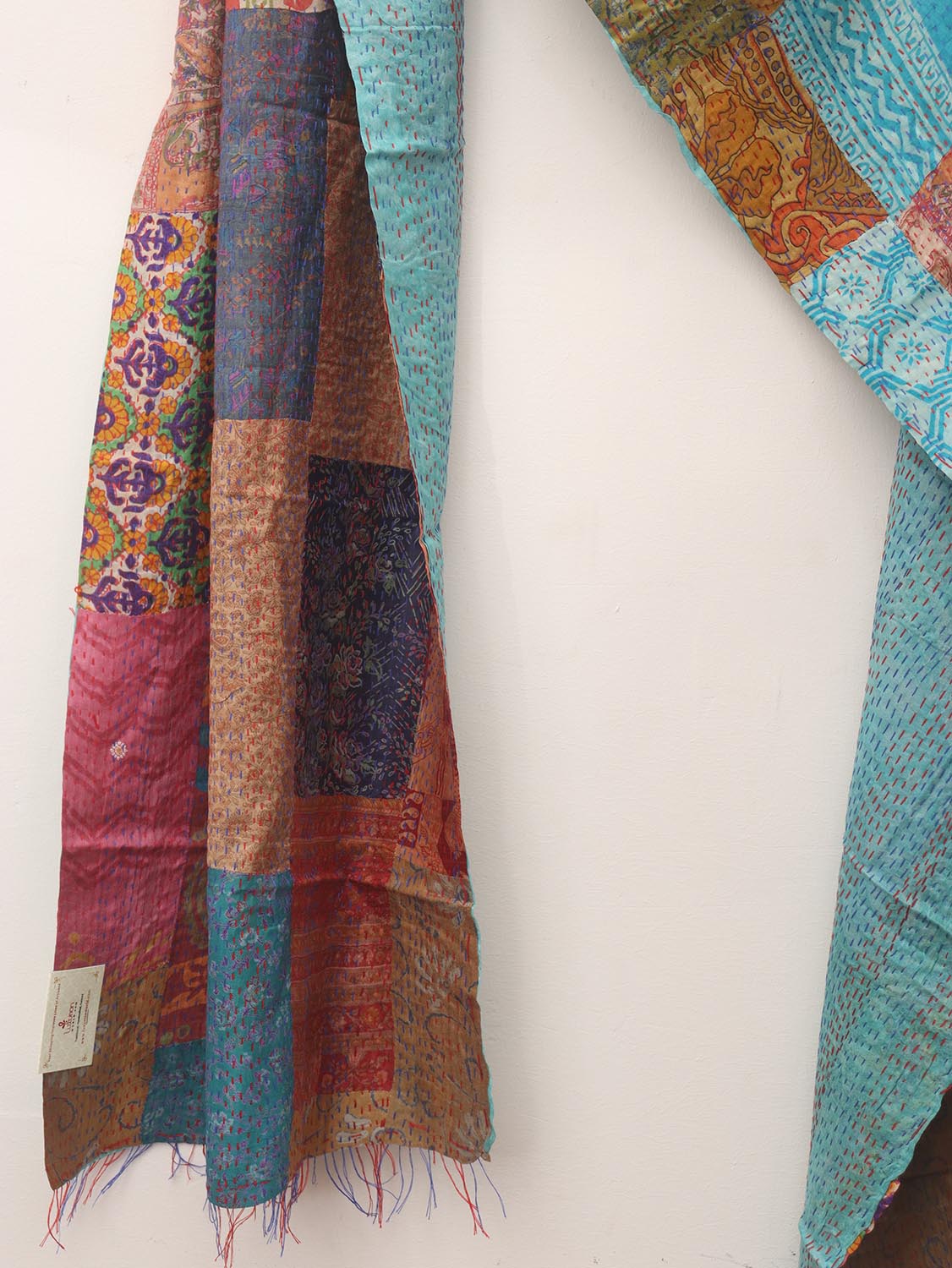 Multicolor Hand Embroidered Kantha Pure Silk Reversible Stole - Luxurion World
