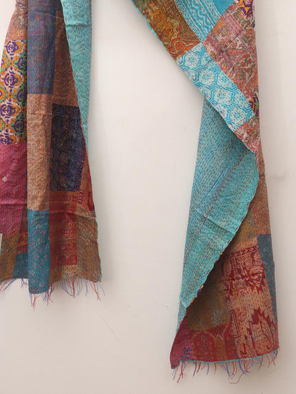 Multicolor Hand Embroidered Kantha Pure Silk Reversible Stole - Luxurion World