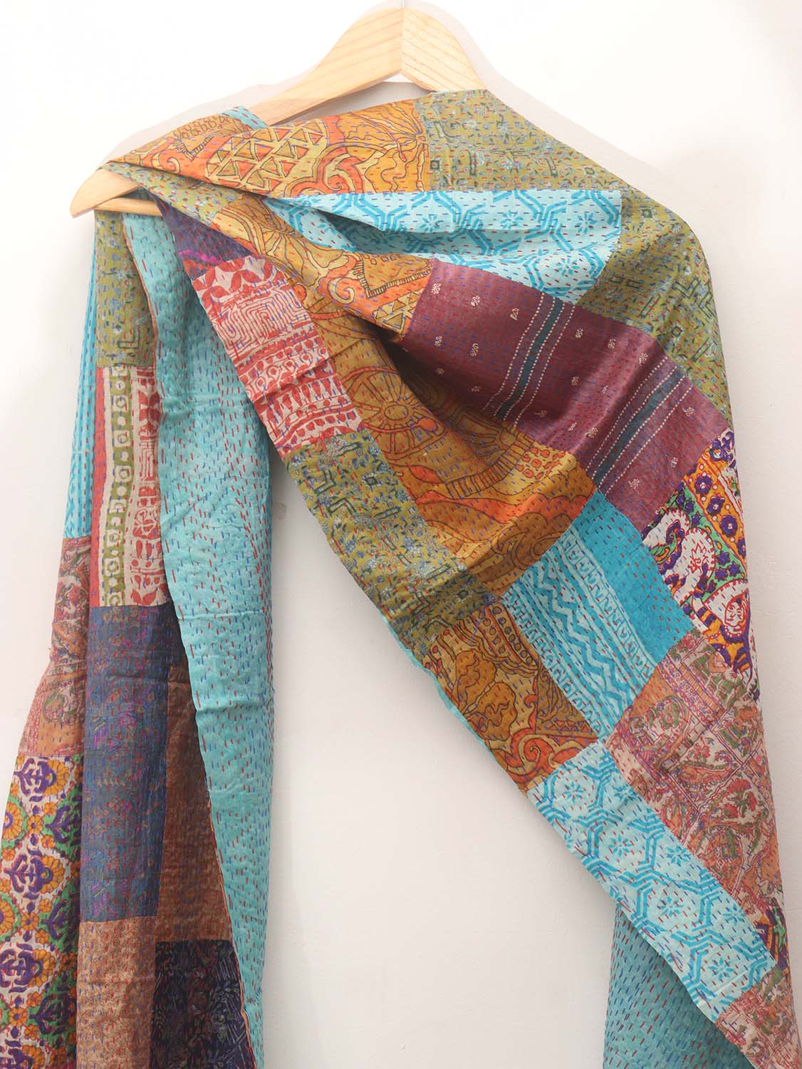 Multicolor Hand Embroidered Kantha Pure Silk Reversible Stole - Luxurion World