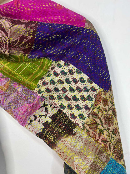 Multicolor Hand Embroidered Kantha Pure Silk Reversible Stole - Luxurion World