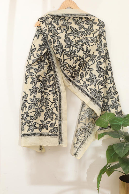 Pastel And Black Hand Embroidered Kantha Tussar Silk Stole - Luxurion World