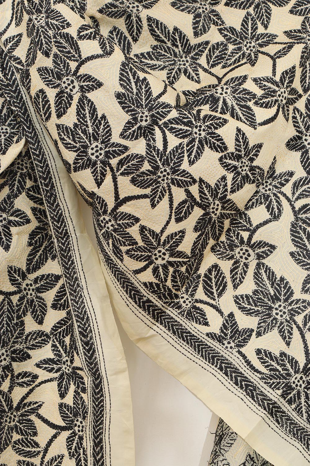 Pastel And Black Hand Embroidered Kantha Tussar Silk Stole - Luxurion World