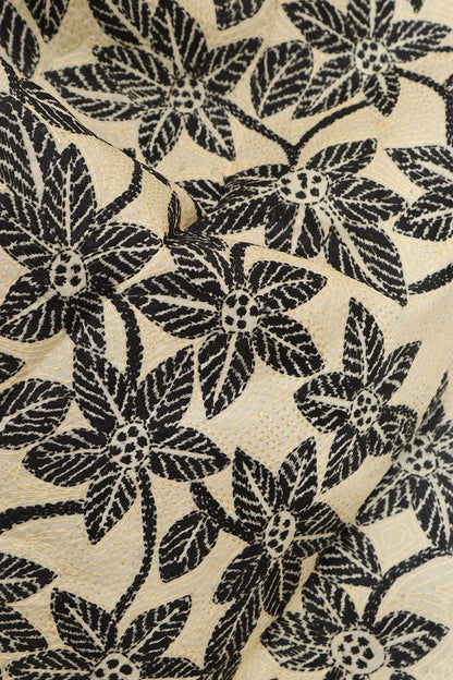 Pastel And Black Hand Embroidered Kantha Tussar Silk Stole - Luxurion World