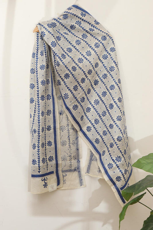 Pastel And Blue Kantha Tussar Silk Stole with Hand Embroidery