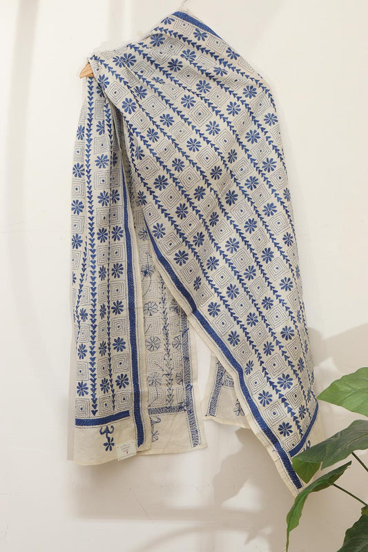 Pastel And Blue Kantha Tussar Silk Stole with Hand Embroidery - Luxurion World