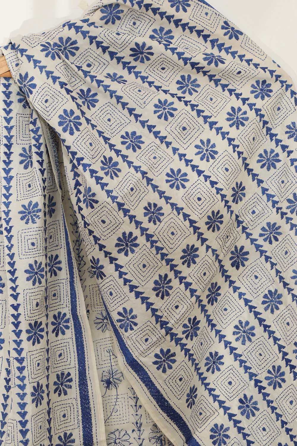 Pastel And Blue Kantha Tussar Silk Stole with Hand Embroidery - Luxurion World
