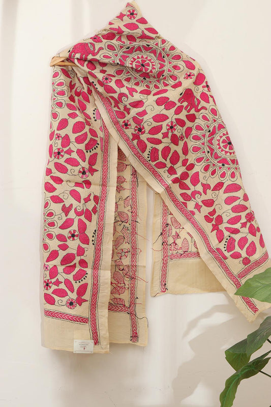 Pastel And Pink Kantha Tussar Silk Stole with Hand Embroidery - Luxurion World