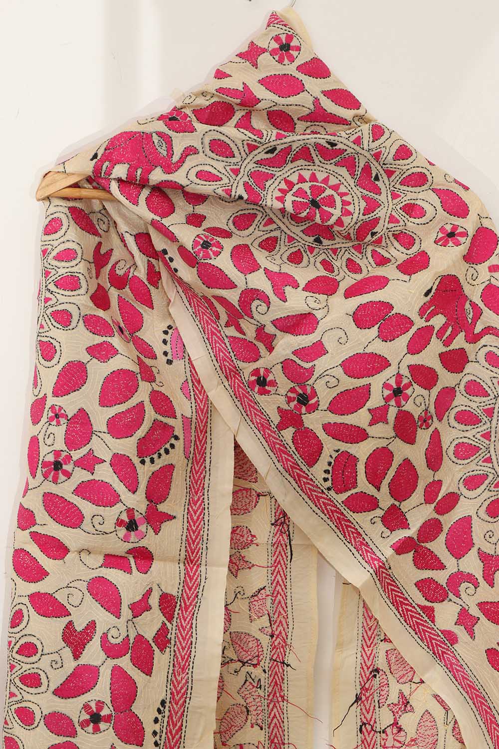 Pastel And Pink Kantha Tussar Silk Stole with Hand Embroidery - Luxurion World