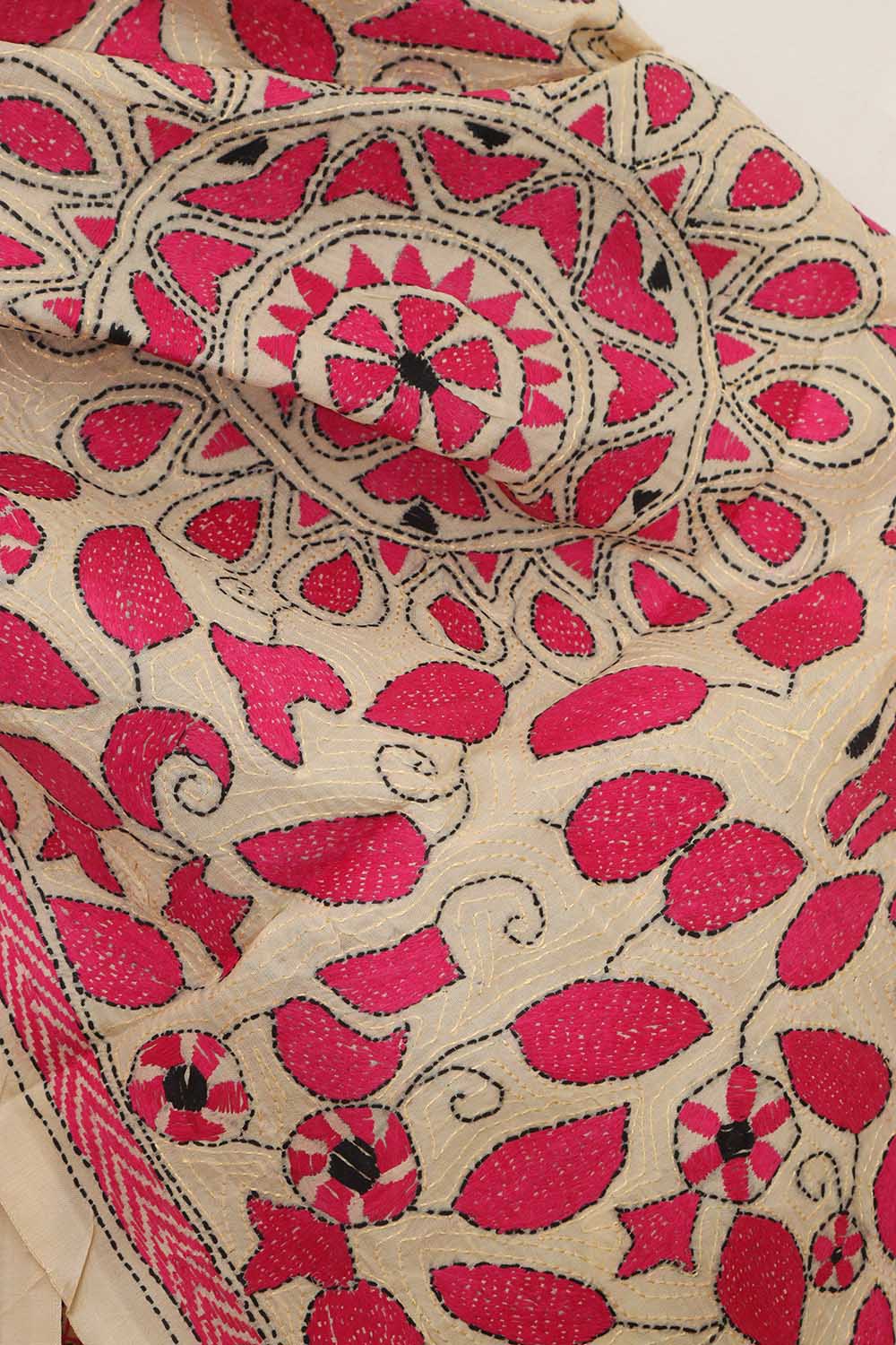 Pastel And Pink Kantha Tussar Silk Stole with Hand Embroidery - Luxurion World