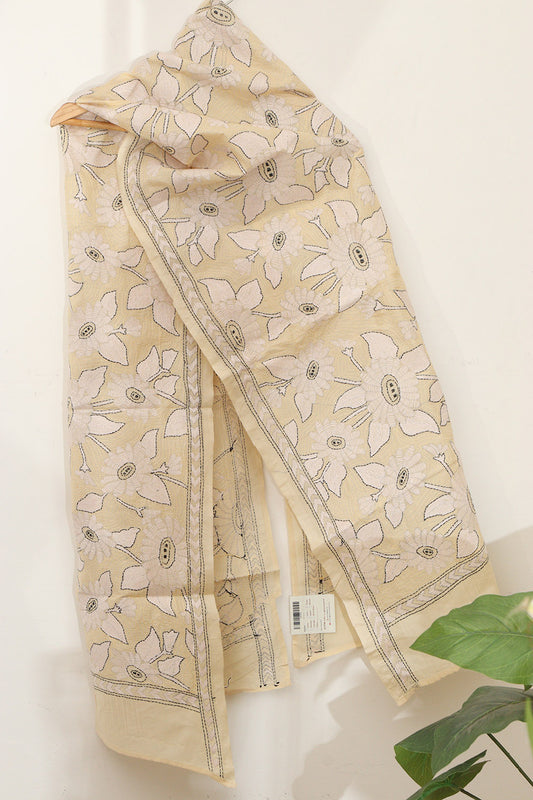 Pastel Kantha Tussar Silk Stole with Hand Embroidery