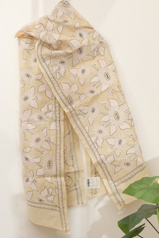 Pastel Kantha Tussar Silk Stole with Hand Embroidery - Luxurion World