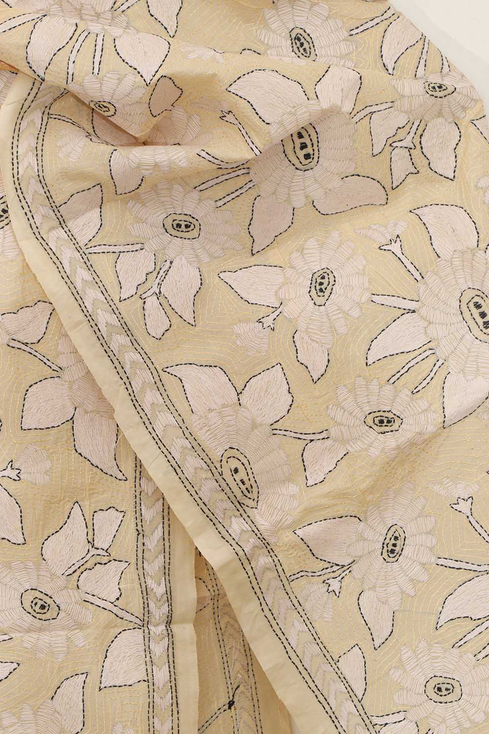 Pastel Kantha Tussar Silk Stole with Hand Embroidery - Luxurion World