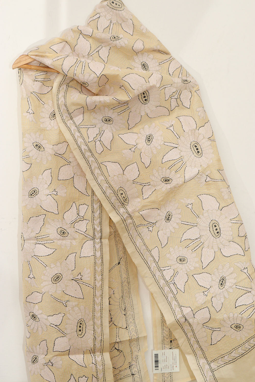 Pastel Kantha Tussar Silk Stole with Hand Embroidery - Luxurion World