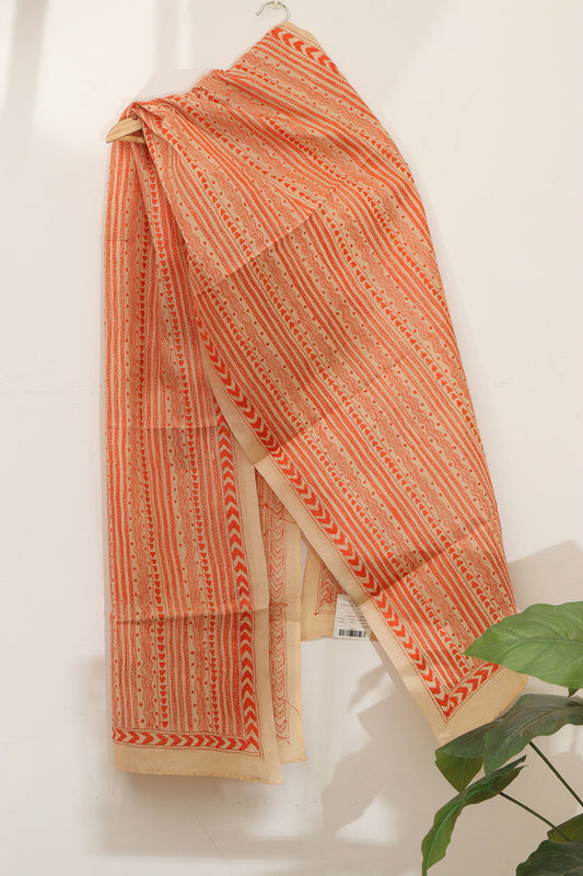 Vibrant Orange Kantha Silk Stole with Hand Embroidery