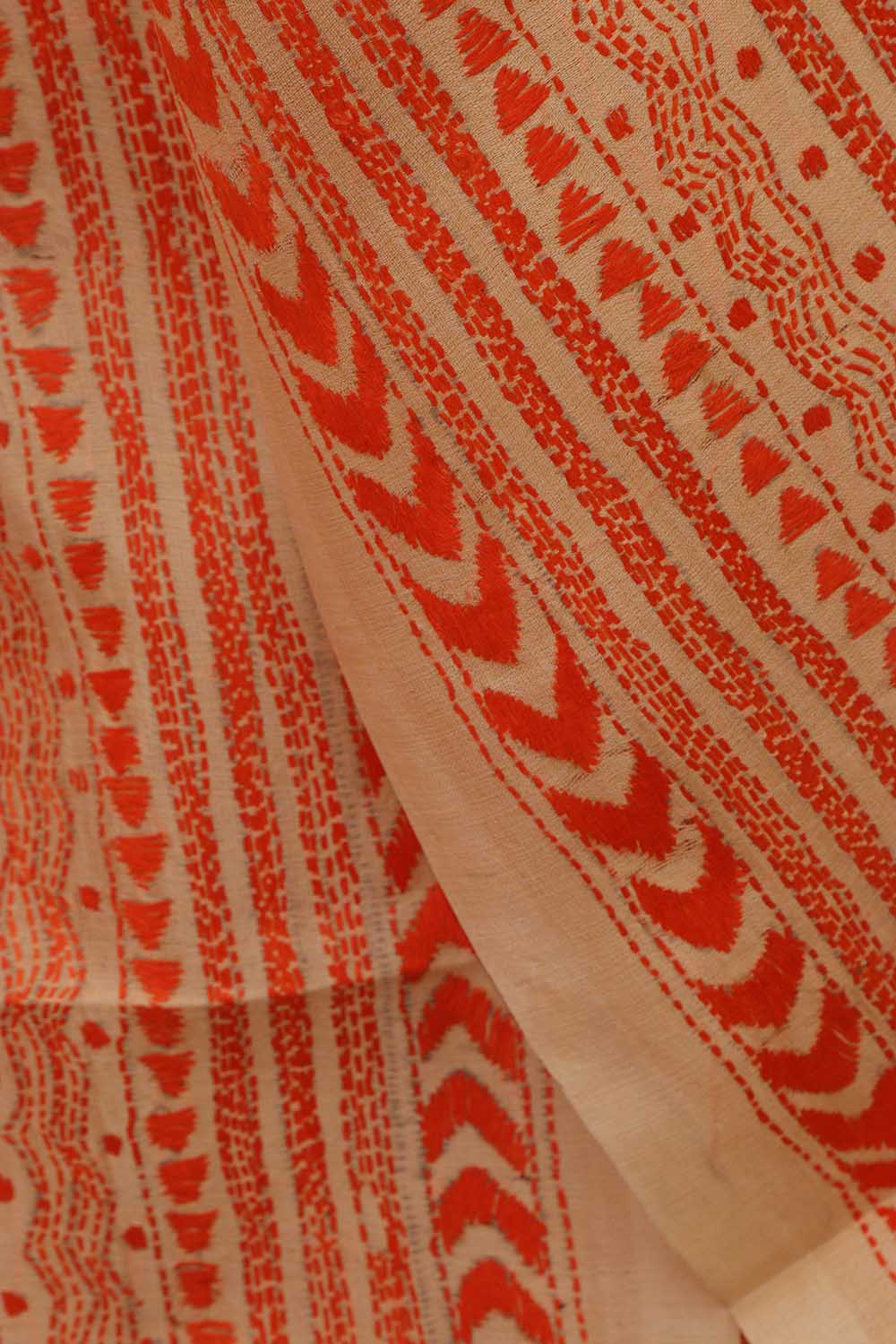 Vibrant Orange Kantha Silk Stole with Hand Embroidery - Luxurion World