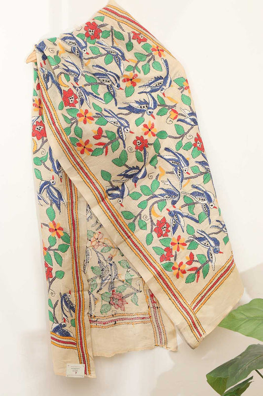 Vibrant Multicolor Hand Embroidered Tussar Silk Stole - Luxurion World
