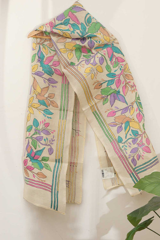 Vibrant Multicolor Hand Embroidered Tussar Silk Stole - Luxurion World