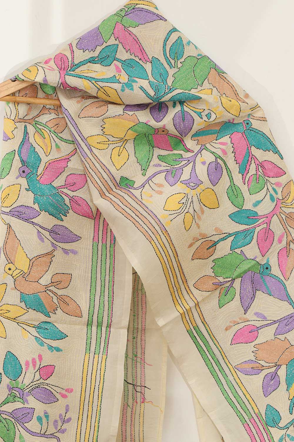 Vibrant Multicolor Hand Embroidered Tussar Silk Stole - Luxurion World