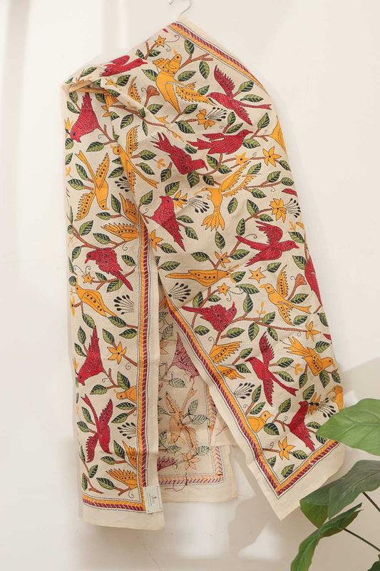 Vibrant Multicolor Kantha Silk Stole with Hand Embroidery - Luxurion World
