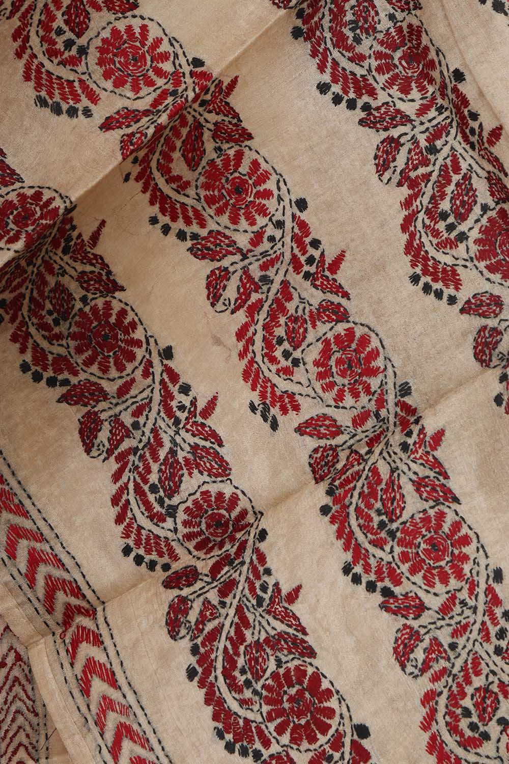 Pastel Kantha Gachi Tussar Silk Stole: Hand Embroidered - Luxurion World
