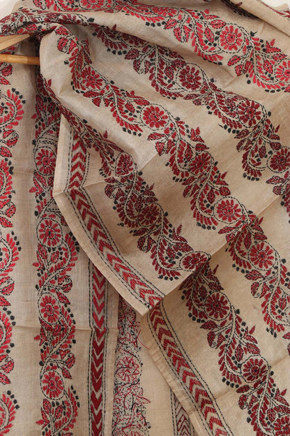 Pastel Kantha Gachi Tussar Silk Stole: Hand Embroidered - Luxurion World