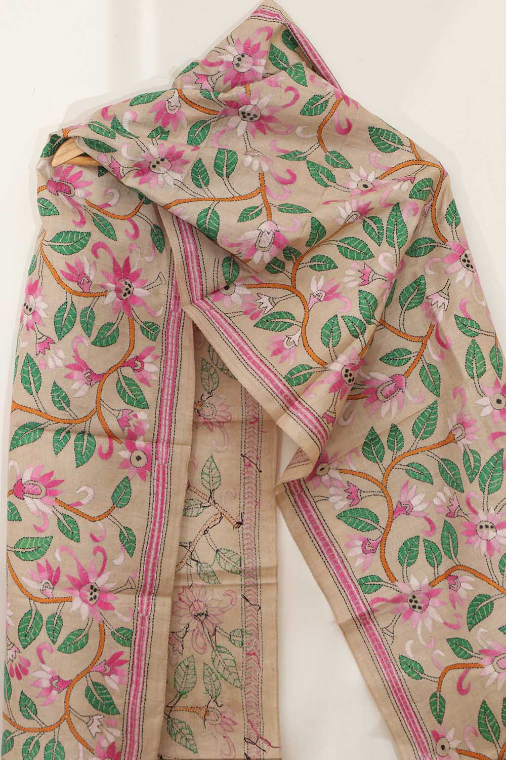 Vibrant Kantha Gachi Tussar Silk Stole with Embroidery - Luxurion World
