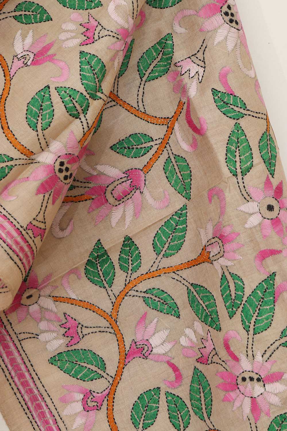 Vibrant Kantha Gachi Tussar Silk Stole with Embroidery - Luxurion World