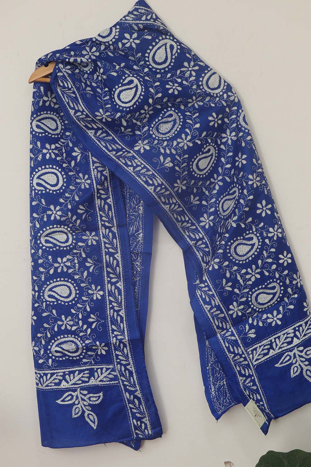 Blue Hand Embroidered Bangalore Silk Stole - Luxurion World