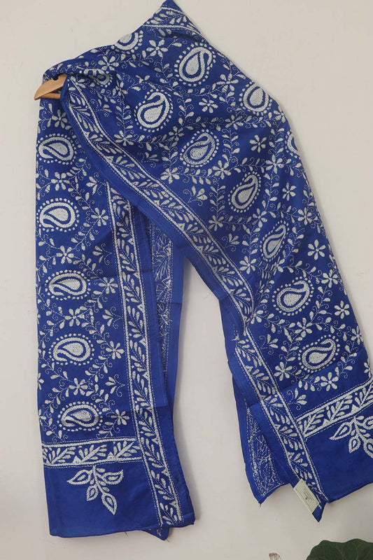 Blue Hand Embroidered Bangalore Silk Stole - Luxurion World
