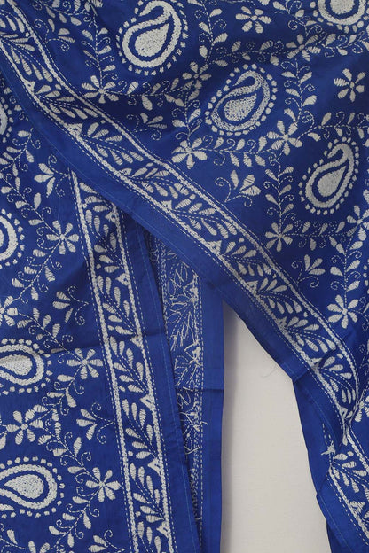 Blue Hand Embroidered Bangalore Silk Stole - Luxurion World