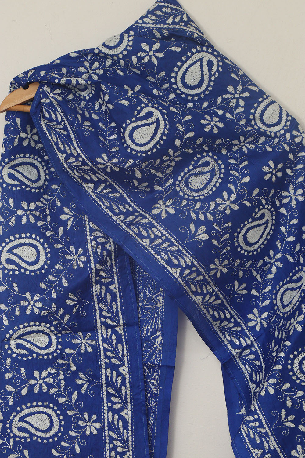 Blue Hand Embroidered Bangalore Silk Stole - Luxurion World