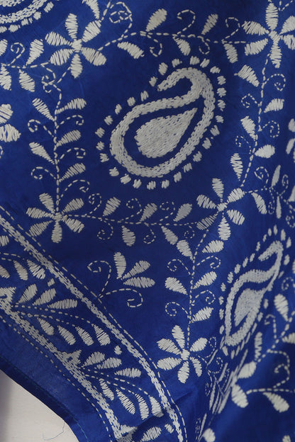 Blue Hand Embroidered Bangalore Silk Stole - Luxurion World