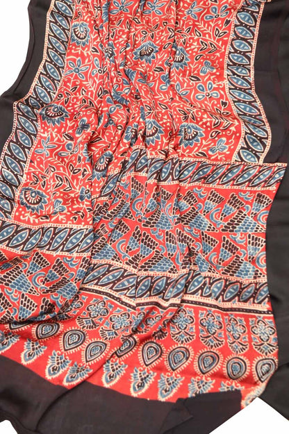 Red Modal Silk Suit With Ajrakh Block Printed Dupatta