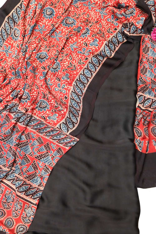 Red Modal Silk Suit With Ajrakh Block Printed Dupatta - Luxurion World