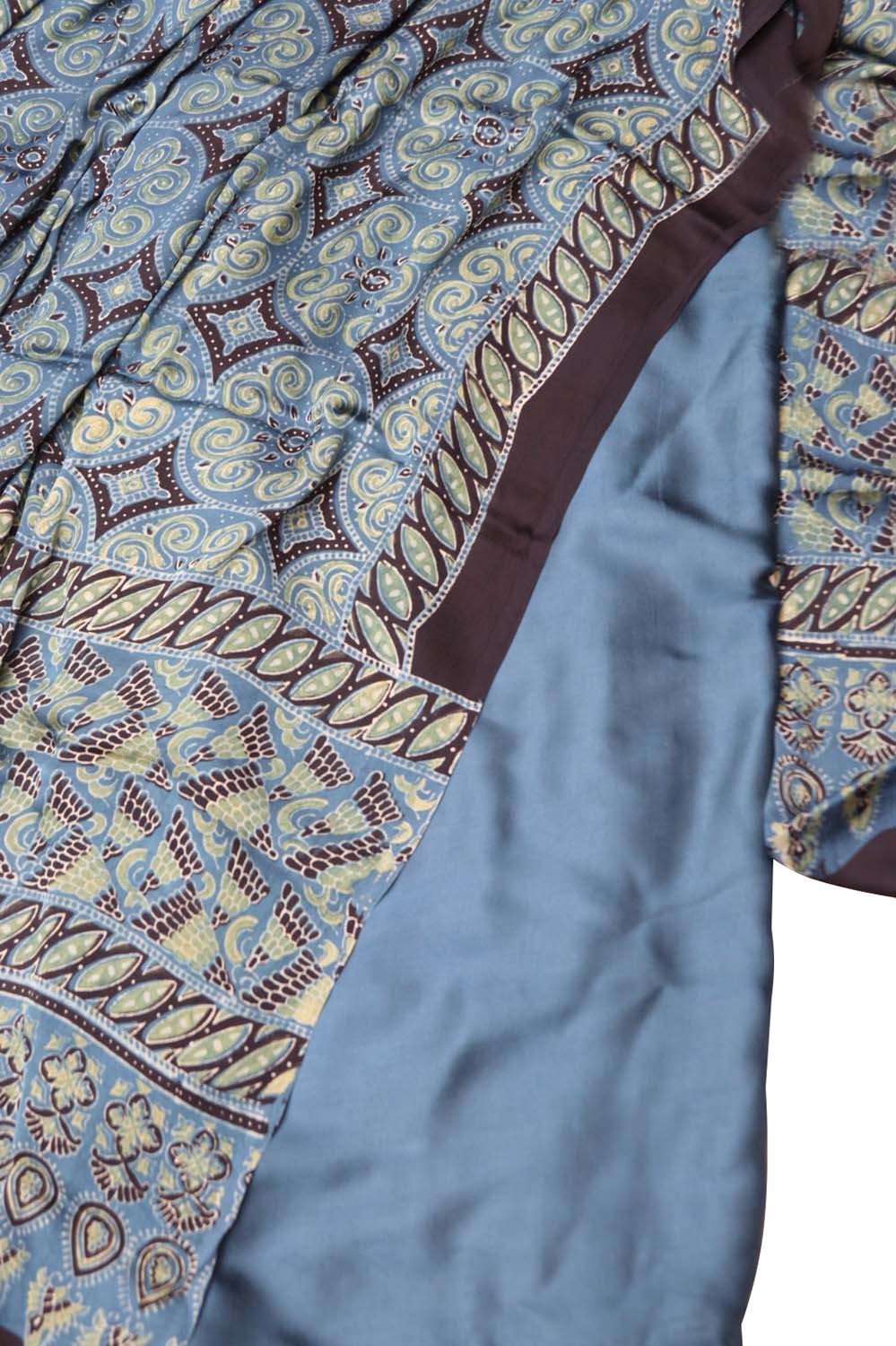Blue Modal Silk Suit With Ajrakh Block Printed Dupatta - Luxurion World