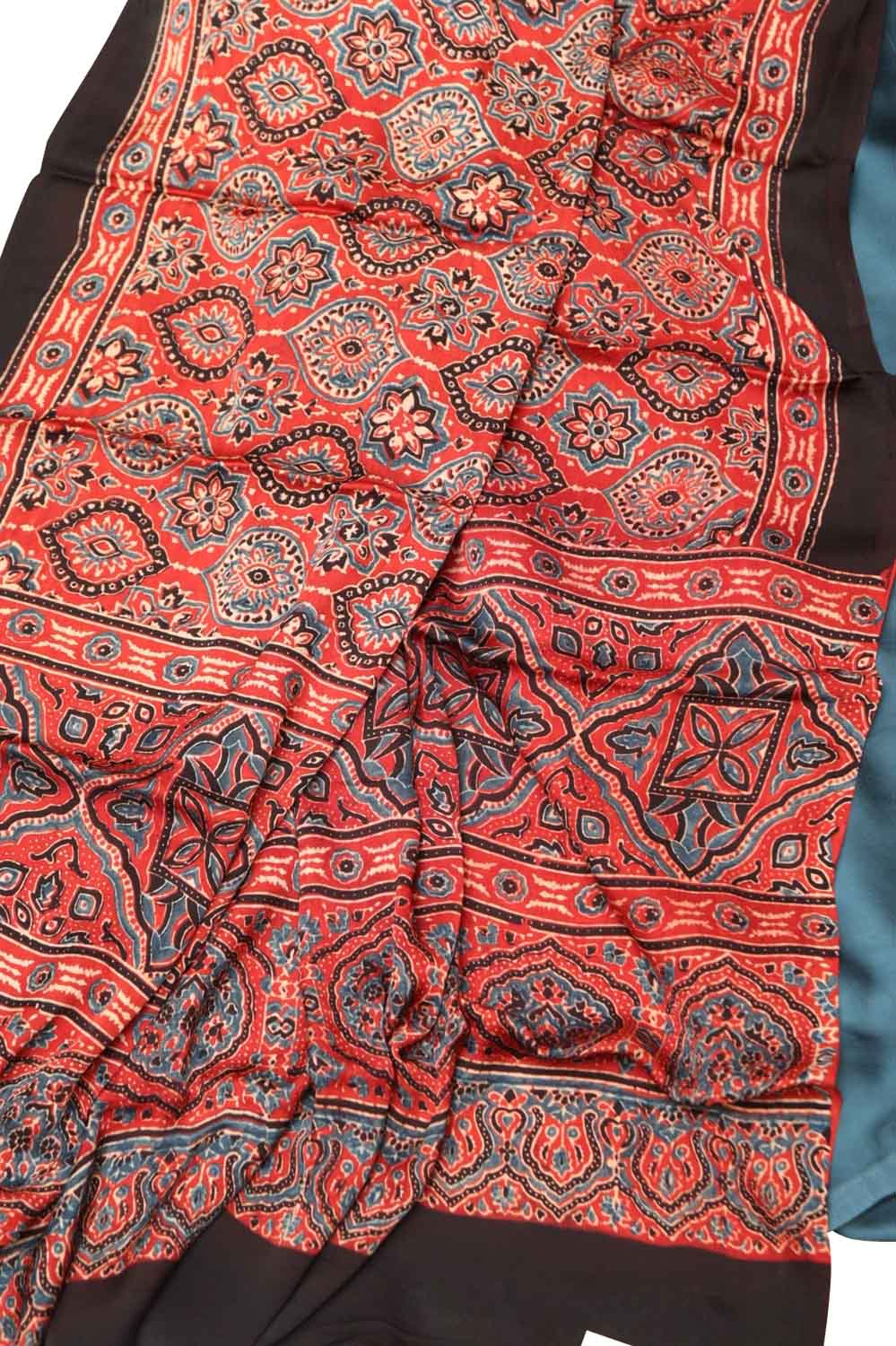 Red Modal Silk Suit With Ajrakh Block Printed Dupatta - Luxurion World