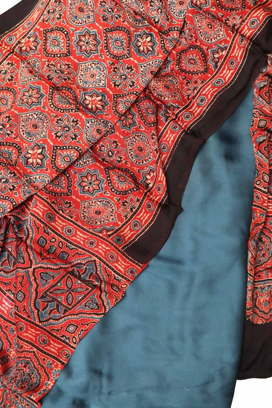 Red Modal Silk Suit With Ajrakh Block Printed Dupatta