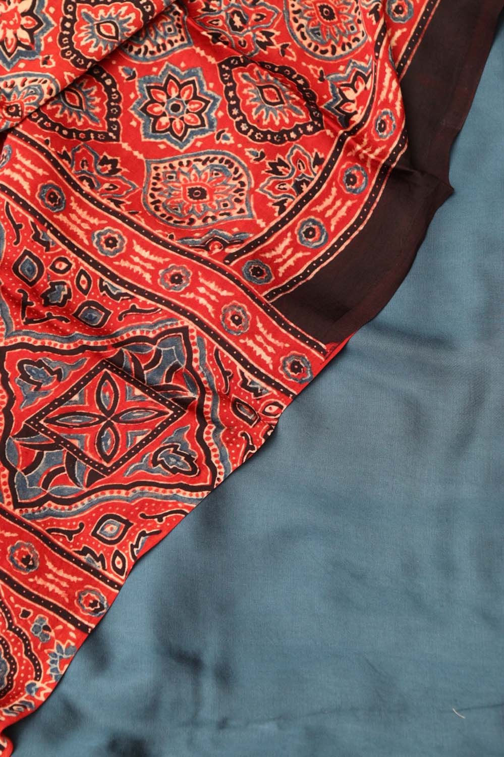 Red Modal Silk Suit With Ajrakh Block Printed Dupatta