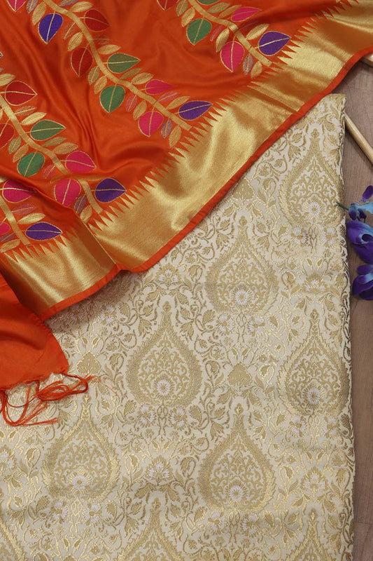 Off White Banarasi KimKhwab Silk Fabric with Orange Meenakari Dupatta - A Stunning Combination!