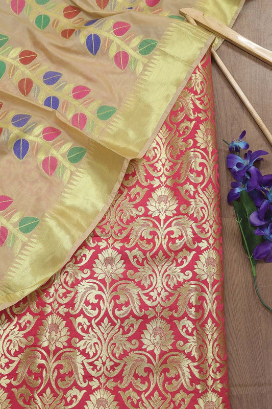 Stunning Pink Banarasi KimKhwab Silk Fabric with Cream Meenakari Dupatta - Perfect Ethnic Wear - Luxurion World