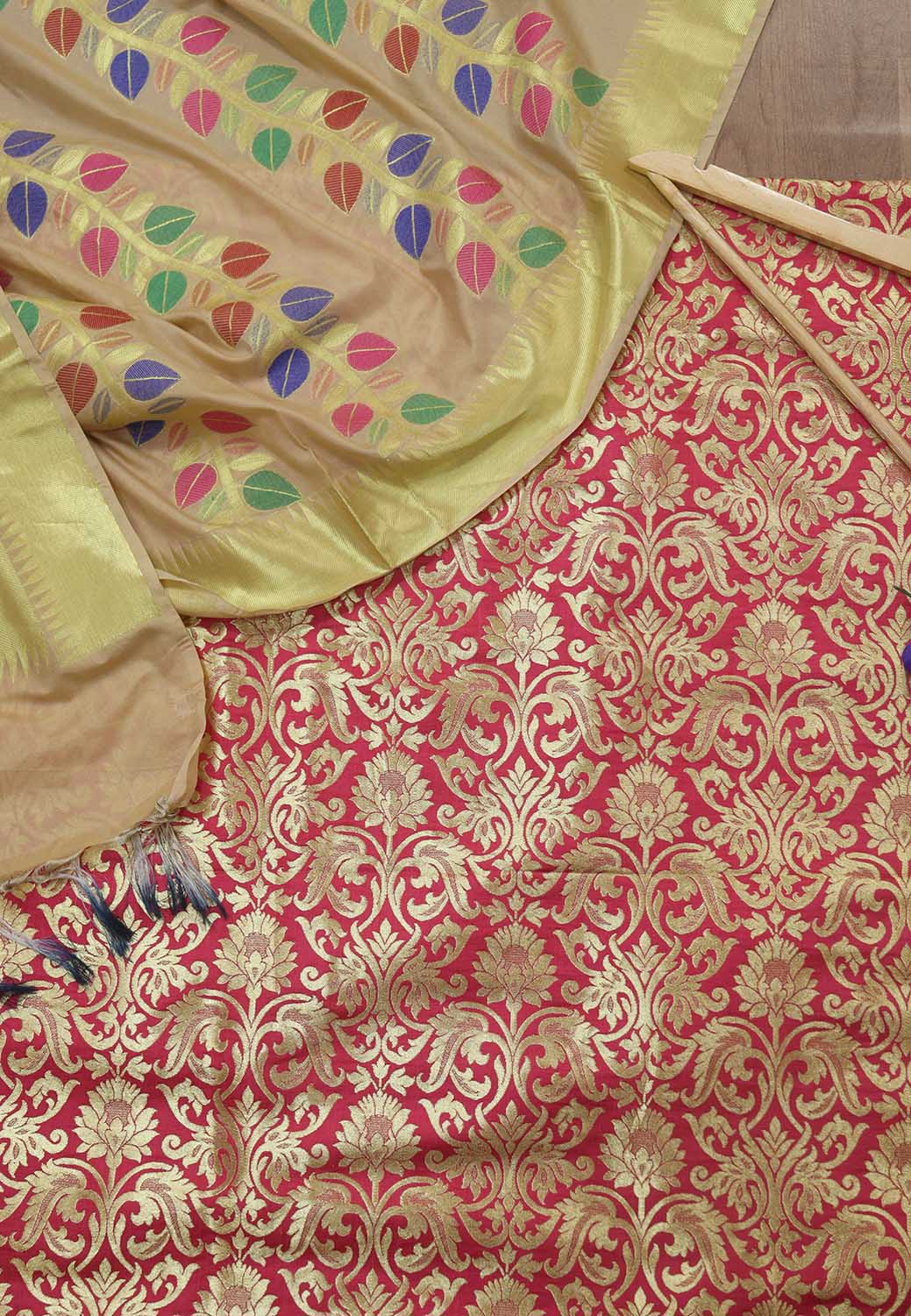 Stunning Pink Banarasi KimKhwab Silk Fabric with Cream Meenakari Dupatta - Perfect Ethnic Wear - Luxurion World