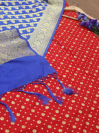 Stunning Red Banarasi Silk Fabric with Blue Dupatta and Zari Booti Design - Luxurion World