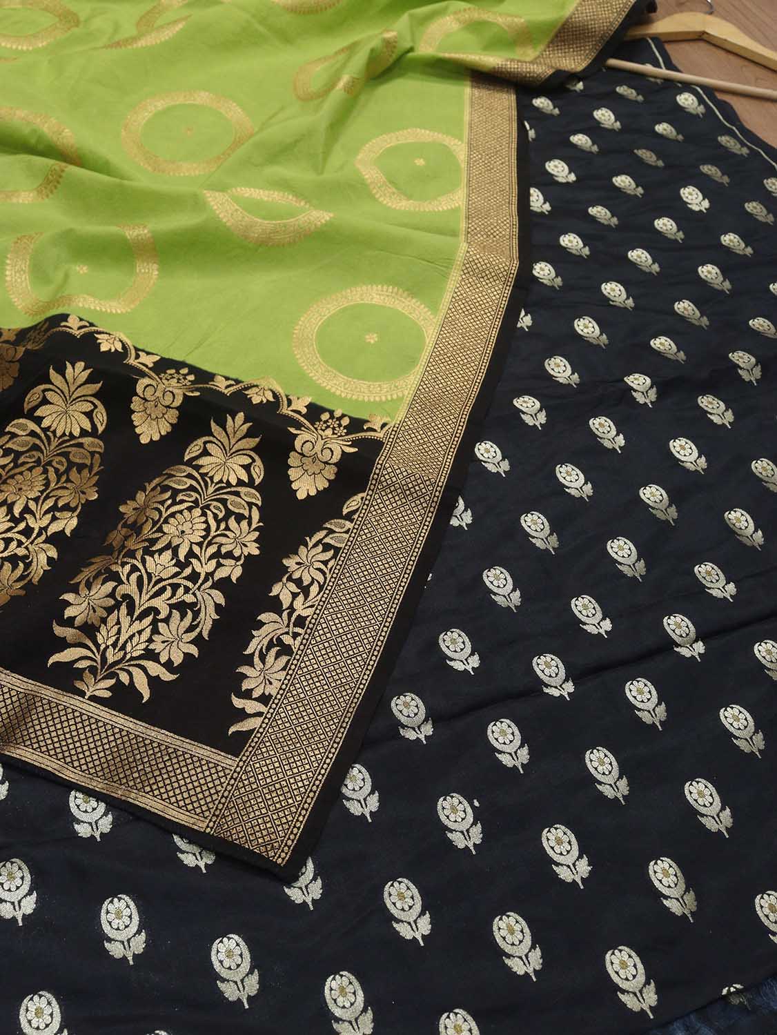 Stunning Black Banarasi Silk Fabric & Green Dupatta Combo - Luxurion World