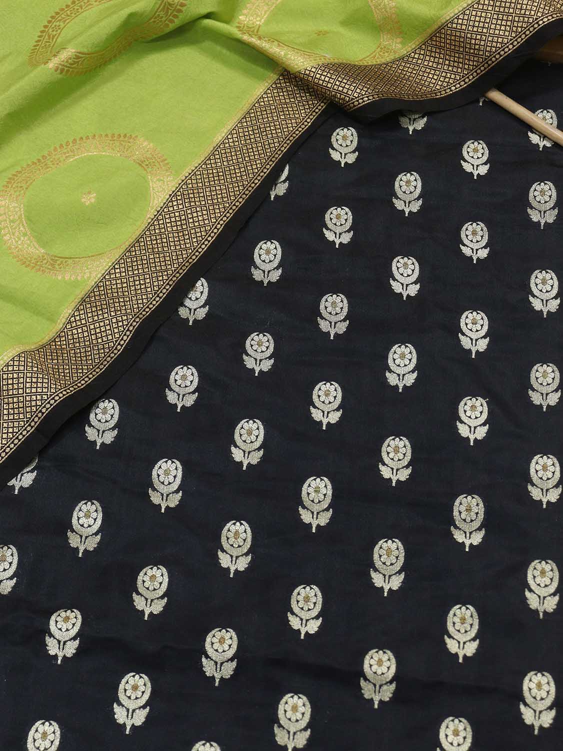 Stunning Black Banarasi Silk Fabric & Green Dupatta Combo - Luxurion World