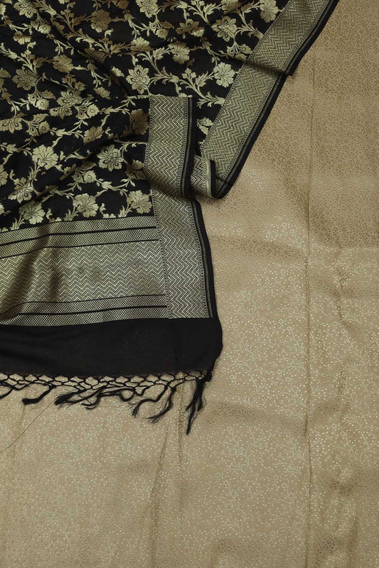 Stunning Cream Banarasi Silk Brocade Fabric with Black Dupatta - Luxurion World